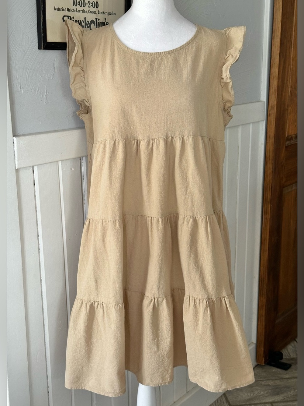 Cupshe Beige Tiered Ruffle Cap Sleeve Mini Dress Cottagecore Boho Cotton Natural